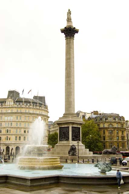 Nelson's tall column stands high above the fountains of Trafalgar Square.