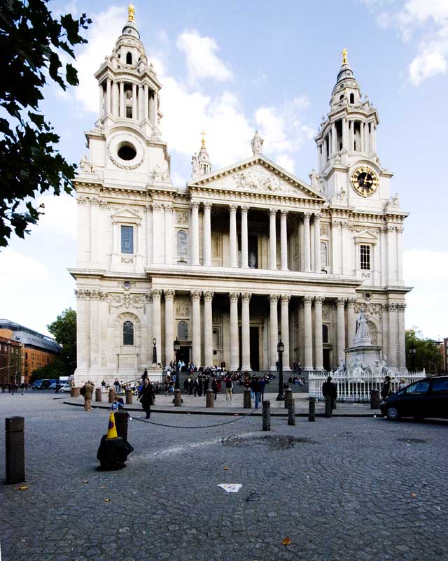 The picture shows the west front of St Paul's Cathedral with its two magnificent 'wedding cake' towers on either side of the front entrance.